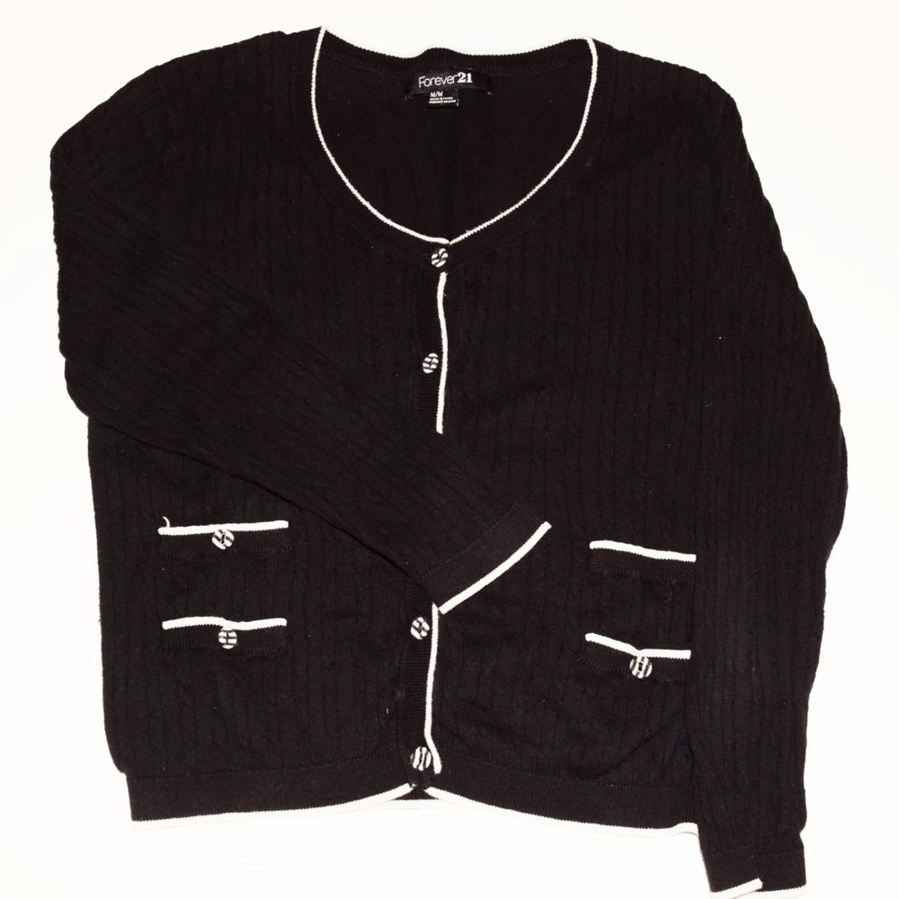 Black Knit Cardigan with White Trim